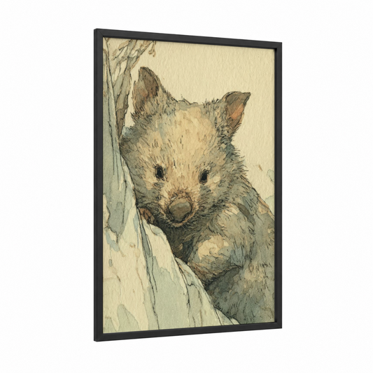 Curious Wombat framed art print — black wood frame — beige and sage green palette