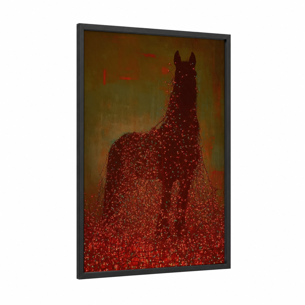 Crimson Friesian framed friesian horse print — black wood frame — red and olive palette
