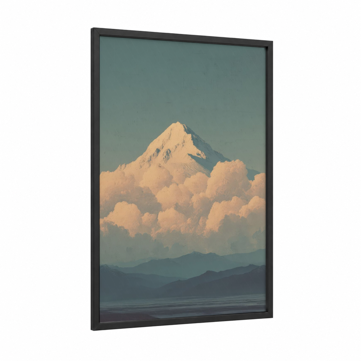 Golden Peak Sunrise framed snowy mountains print — black wood frame — gold and teal palette