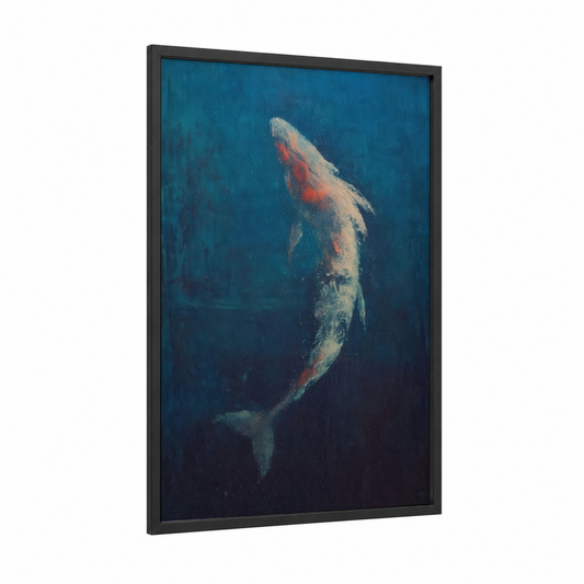 Crimson Dragon Fish framed art print — black wood frame — teal and rose gold palette