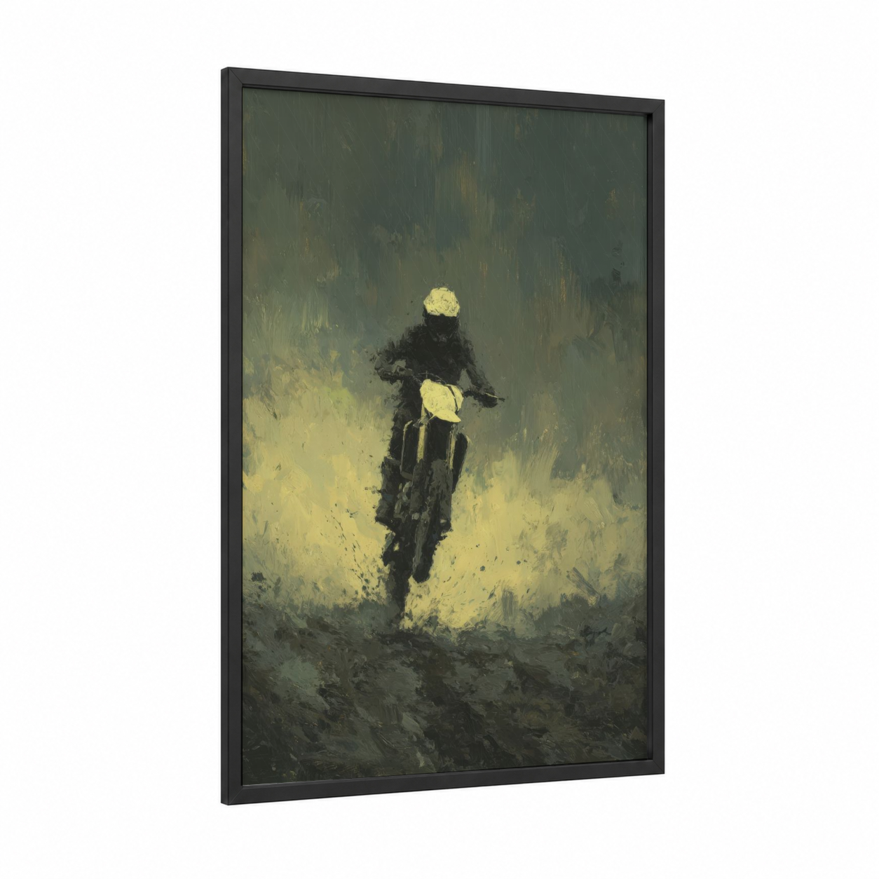 Desert Motocross framed art print — black wood frame — sage green and gold palette
