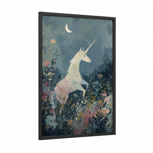 Moonlit Unicorn framed unicorns print — black wood frame — dove gray and salmon pink palette