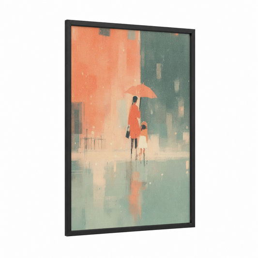 Rainy Day Bond framed mother's day print — black wood frame — peach and teal palette