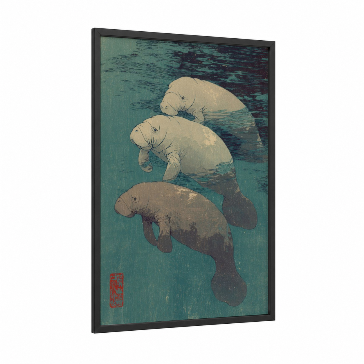 Manatee Family Trio framed manatees print — black wood frame — teal and cream palette