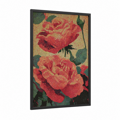 Crimson Garden Roses framed art print — black wood frame — red and gold palette
