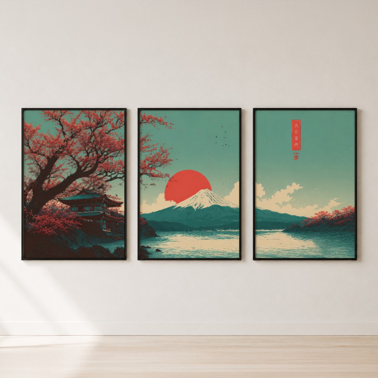 Mount Fuji Cherry Blossom Triptych Wall Art Set — set hero