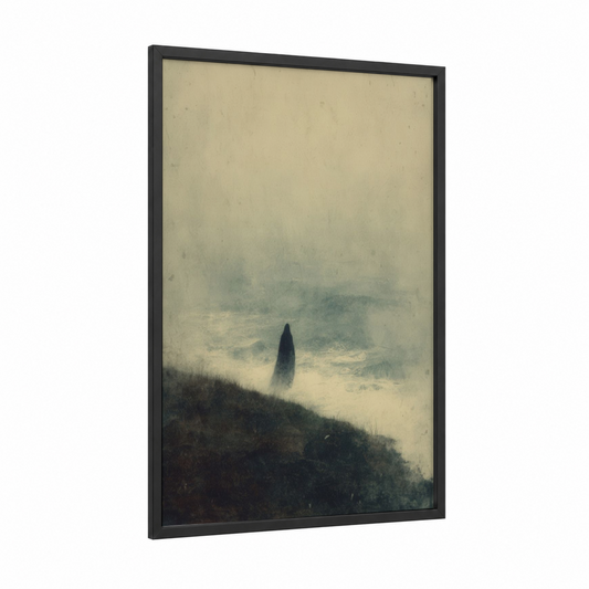 Misty Specter framed ghost print — black wood frame — cream and gray palette