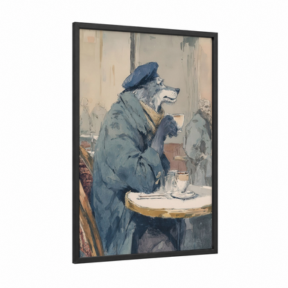 Café Wolf framed art print — black wood frame — blue and cream palette