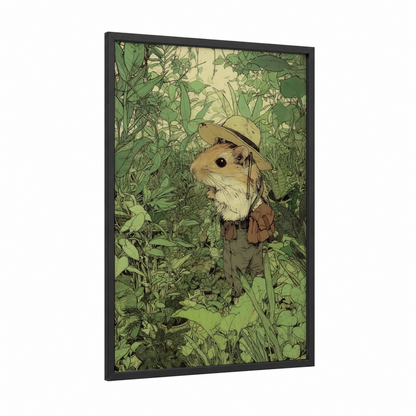 Explorer Gerbil framed art print — black wood frame — light green and cream palette