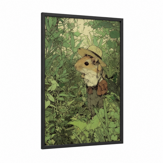 Explorer Gerbil framed art print — black wood frame — light green and cream palette
