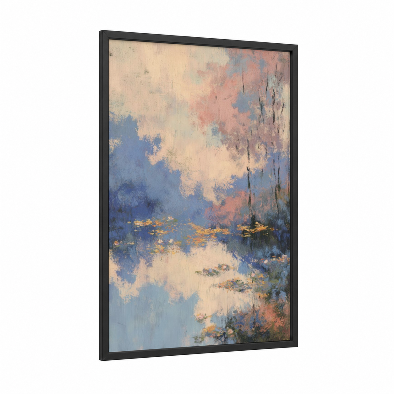 Misty Morning Reflection framed morning sky print — black wood frame — blue and cream palette