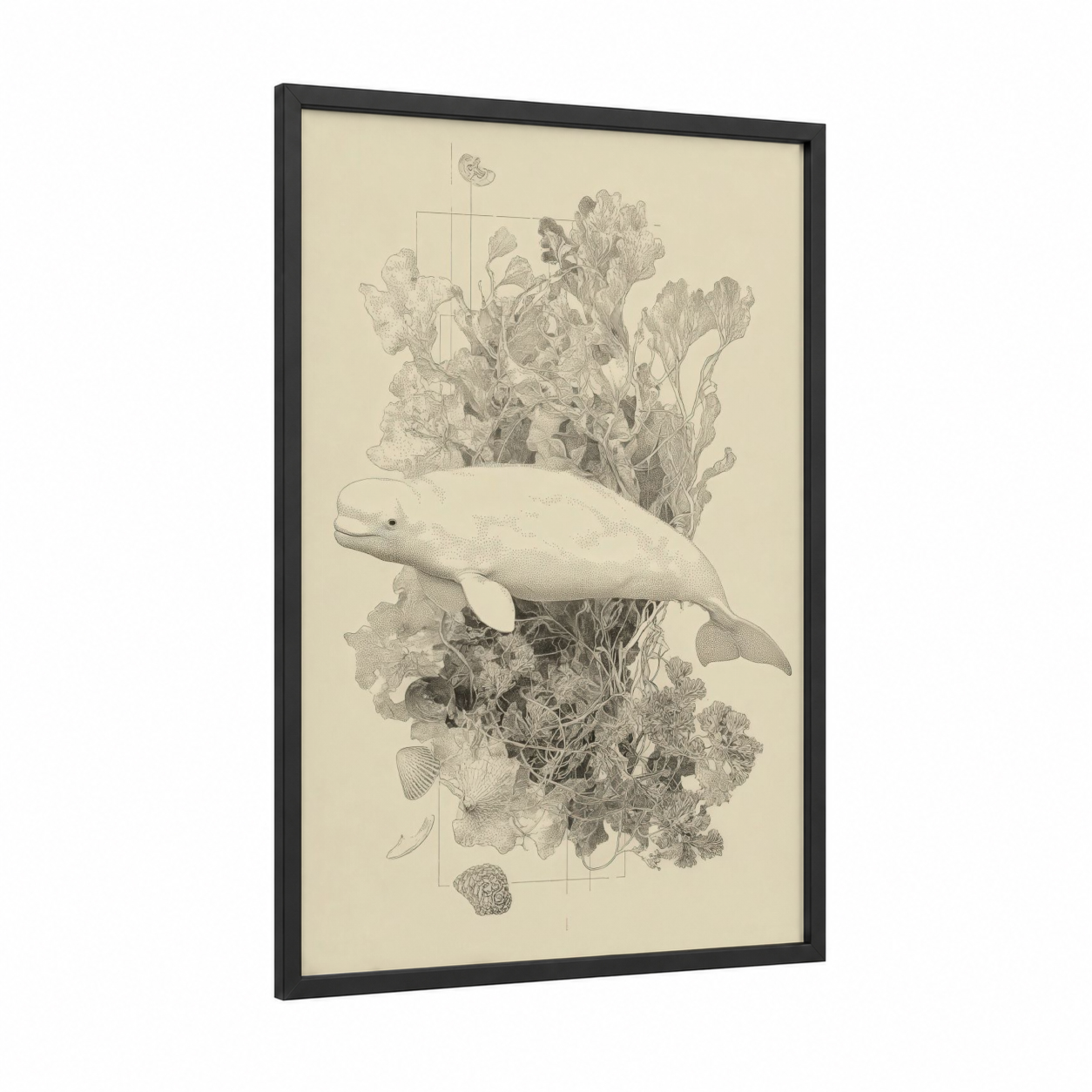 Beluga Ocean Garden framed beluga whale print — black wood frame — gray and white and cream palette