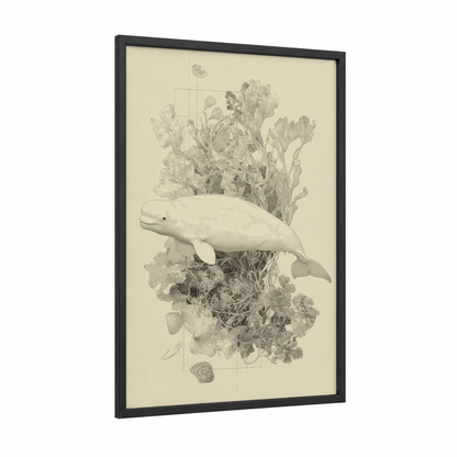 Beluga Ocean Garden framed beluga whale print — black wood frame — gray and white and cream palette