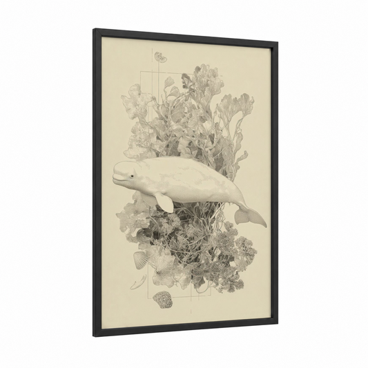 Beluga Ocean Garden framed beluga whale print — black wood frame — gray and white and cream palette