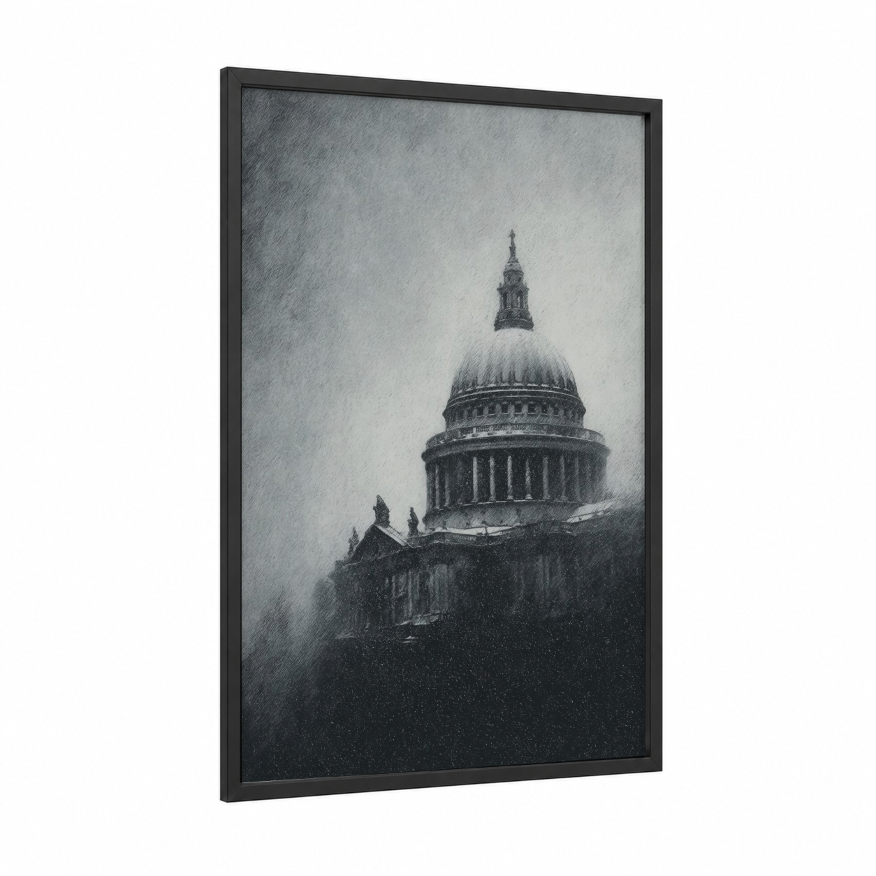 Misty Cathedral framed saint paul's cathedral print — black wood frame — gray and black and white palette