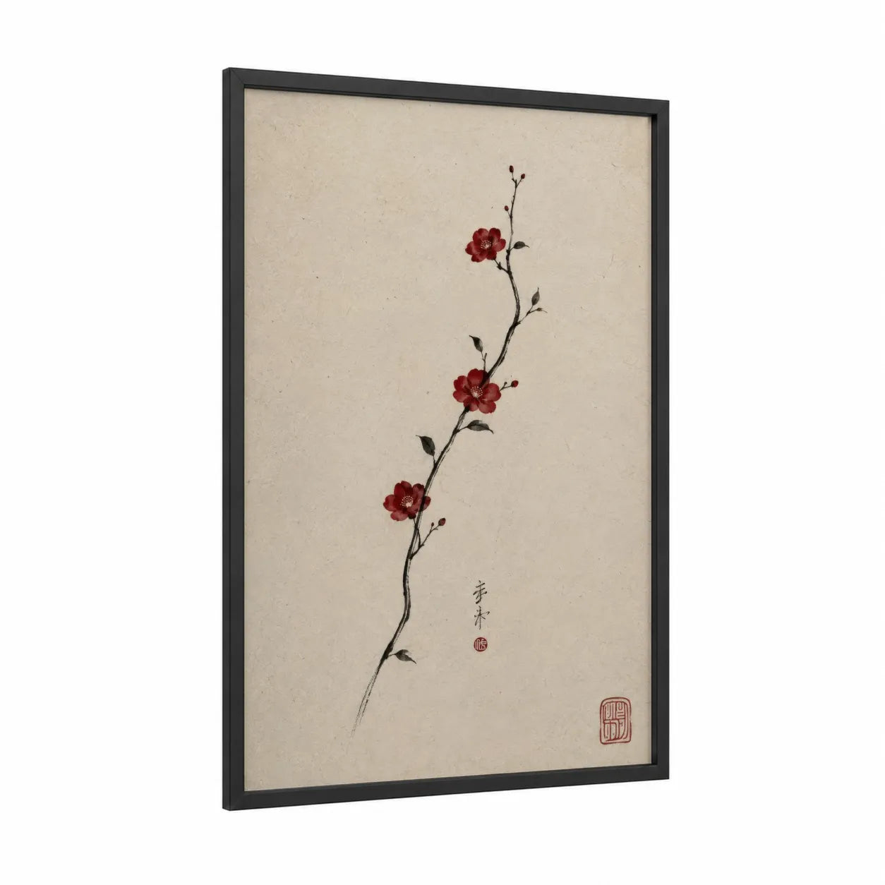 Japanese Cherry Blossom Minimalist Wall Art framed cherry blossoms print — black wood frame — maroon and beige palette