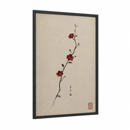 Japanese Cherry Blossom Minimalist Wall Art framed cherry blossoms print — black wood frame — maroon and beige palette