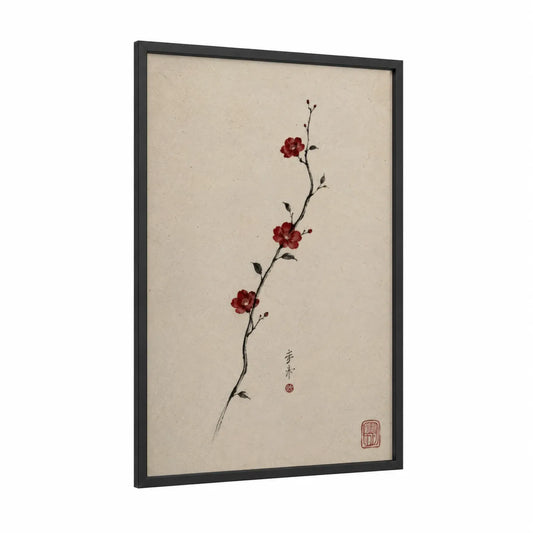 Japanese Cherry Blossom Minimalist Wall Art framed cherry blossoms print — black wood frame — maroon and beige palette