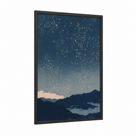 Starlit Mountain Night framed art print — black wood frame — dark blue and gold palette