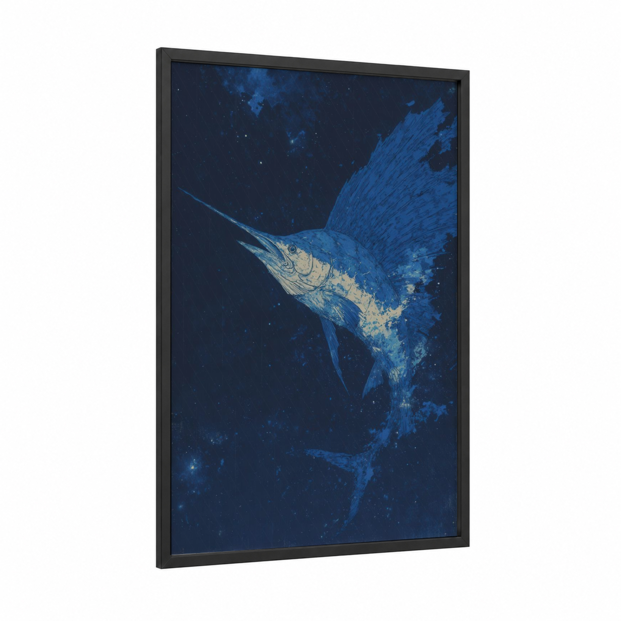 Celestial Sailfish framed art print — black wood frame — blue and gold palette