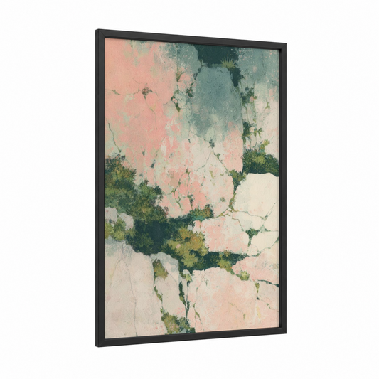 Weathered Masonry framed art print — black wood frame — peach and sage green palette