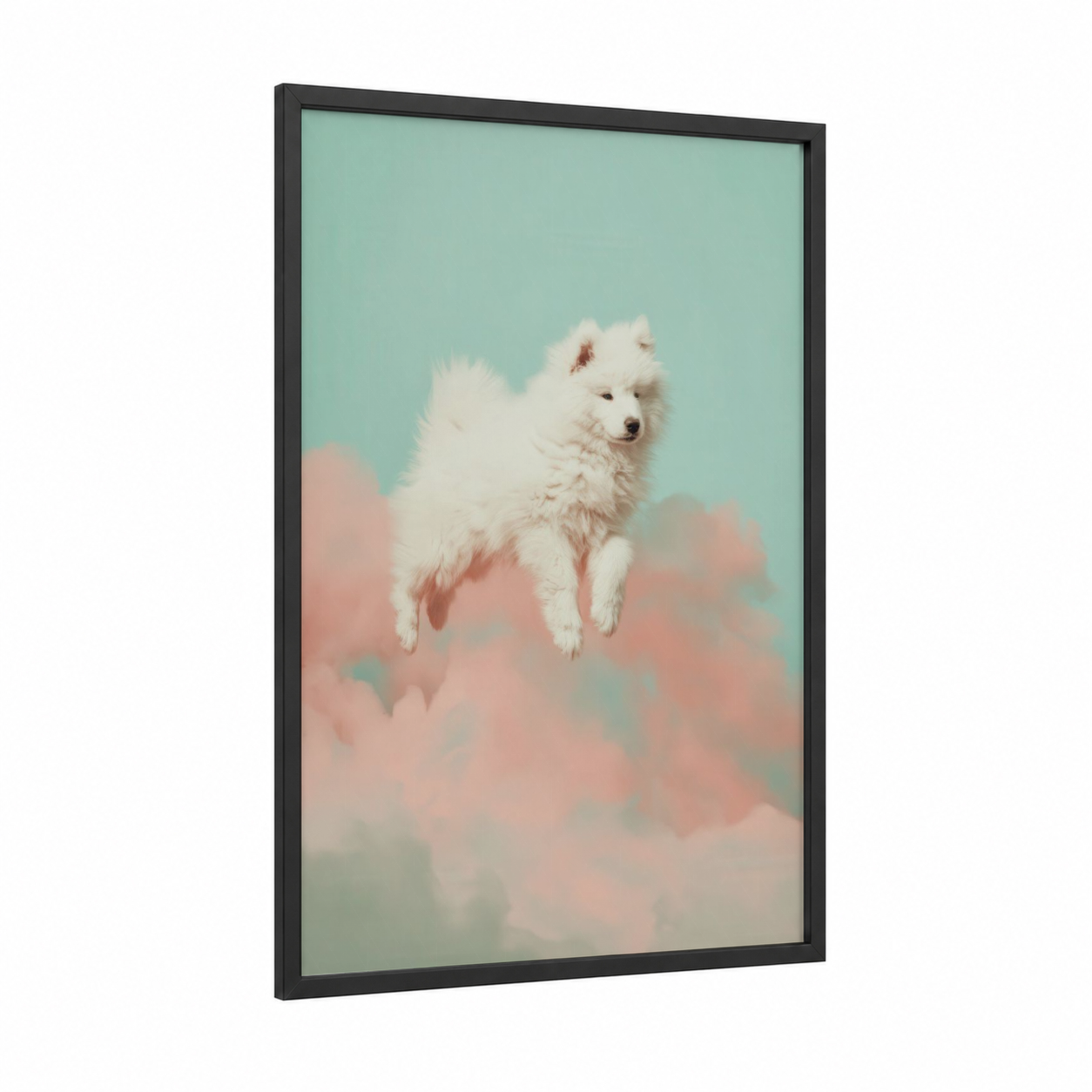 Fluffy Cloud Spitz framed art print — black wood frame — light green and peach palette