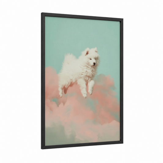 Fluffy Cloud Spitz framed art print — black wood frame — light green and peach palette