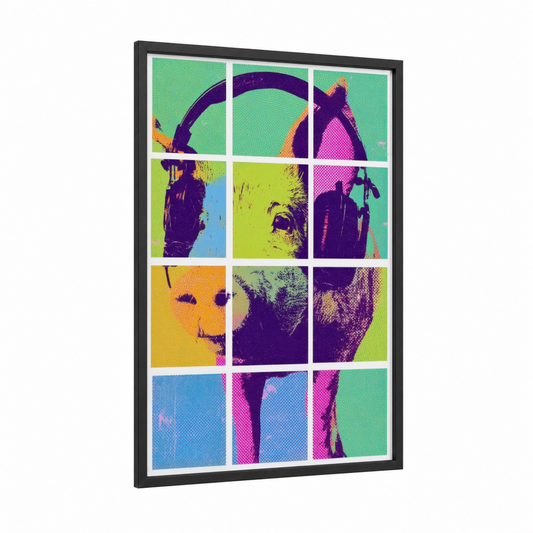 Pop Art Pig framed art print — black wood frame — magenta and lime green palette