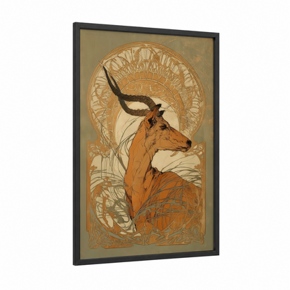 Golden Antelope framed art print — black wood frame — gold and russet palette