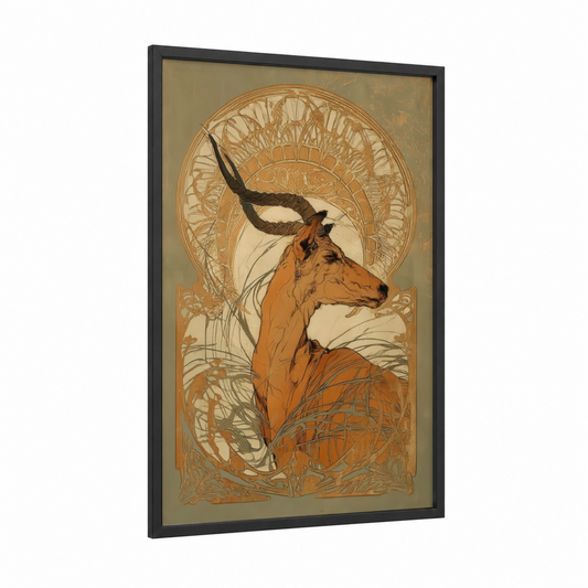 Golden Antelope framed art print — black wood frame — gold and russet palette
