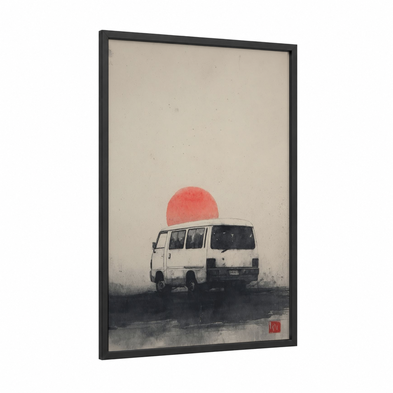 Sunset Van framed art print — black wood frame — cream and peach palette