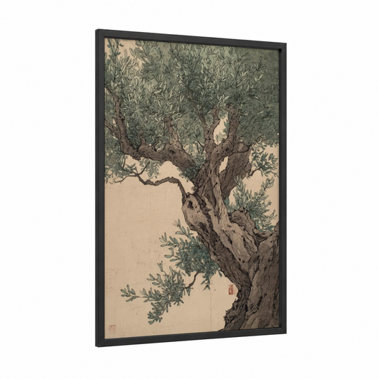 Ancient Olive Tree framed art print — black wood frame — gray and sage green palette