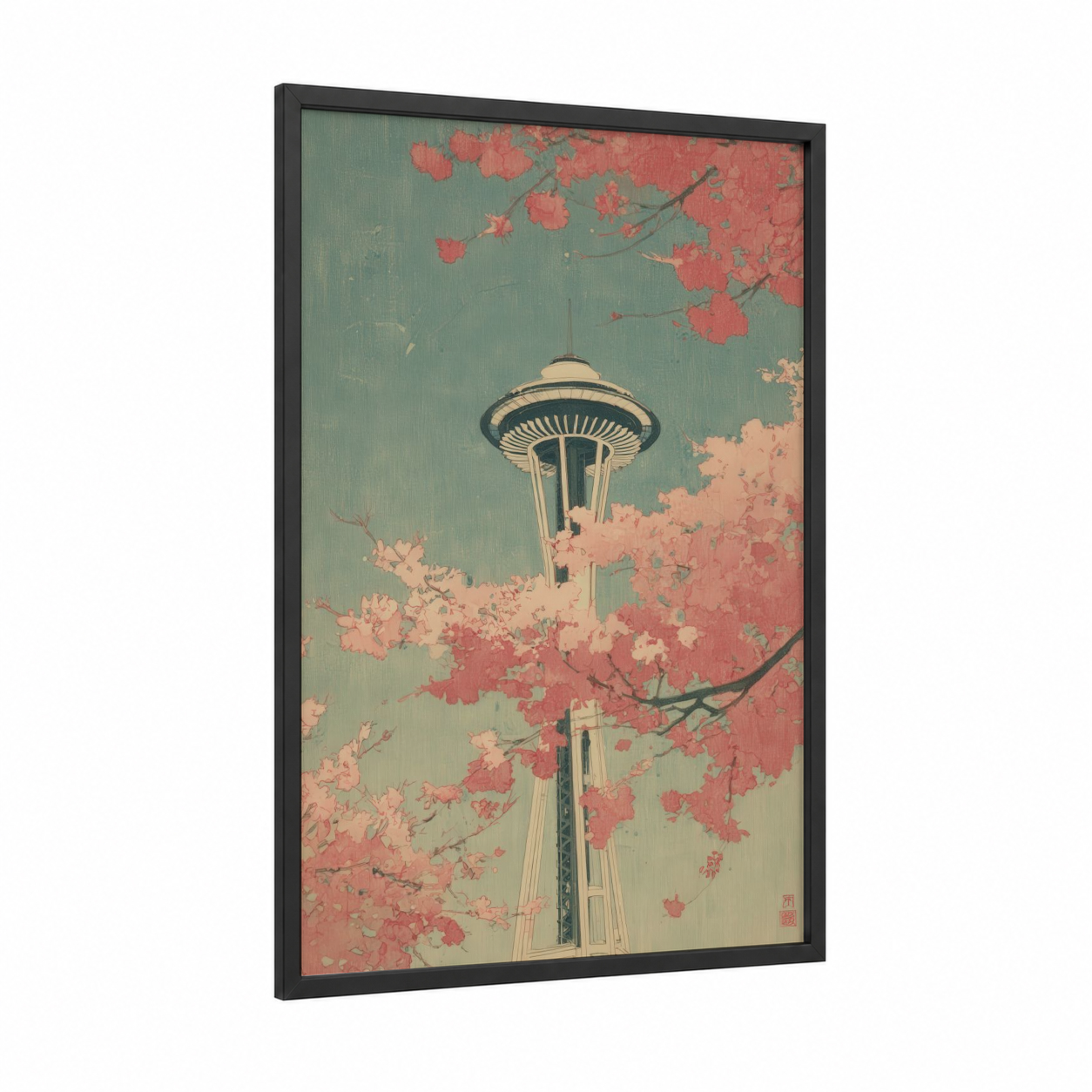 Cherry Blossom Needle framed space needle (seattle) print — black wood frame — sage green and salmon pink palette