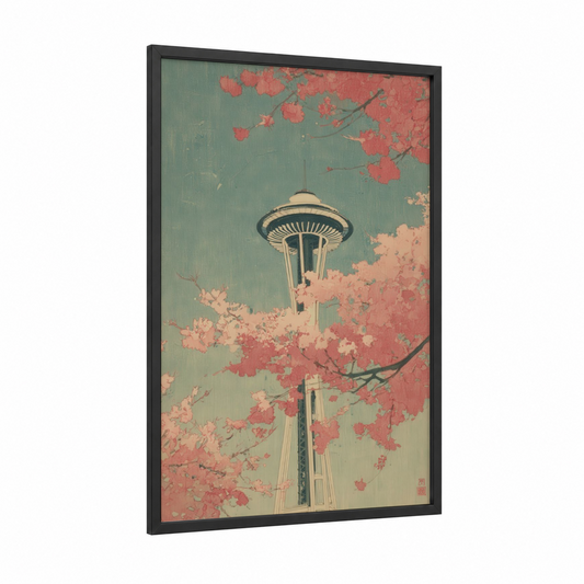 Cherry Blossom Needle framed space needle (seattle) print — black wood frame — sage green and salmon pink palette