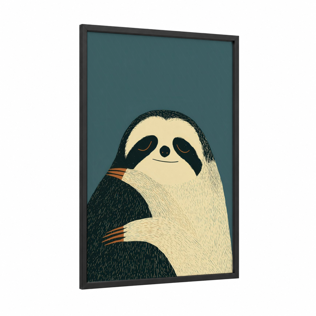 Cozy Sloth framed art print — black wood frame — bermuda gray and cream palette
