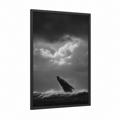Breaching Humpback framed humpback whale print — black wood frame — black and white and gray palette