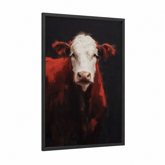 Hereford Portrait Bold framed hereford cow print — black wood frame — red and white palette