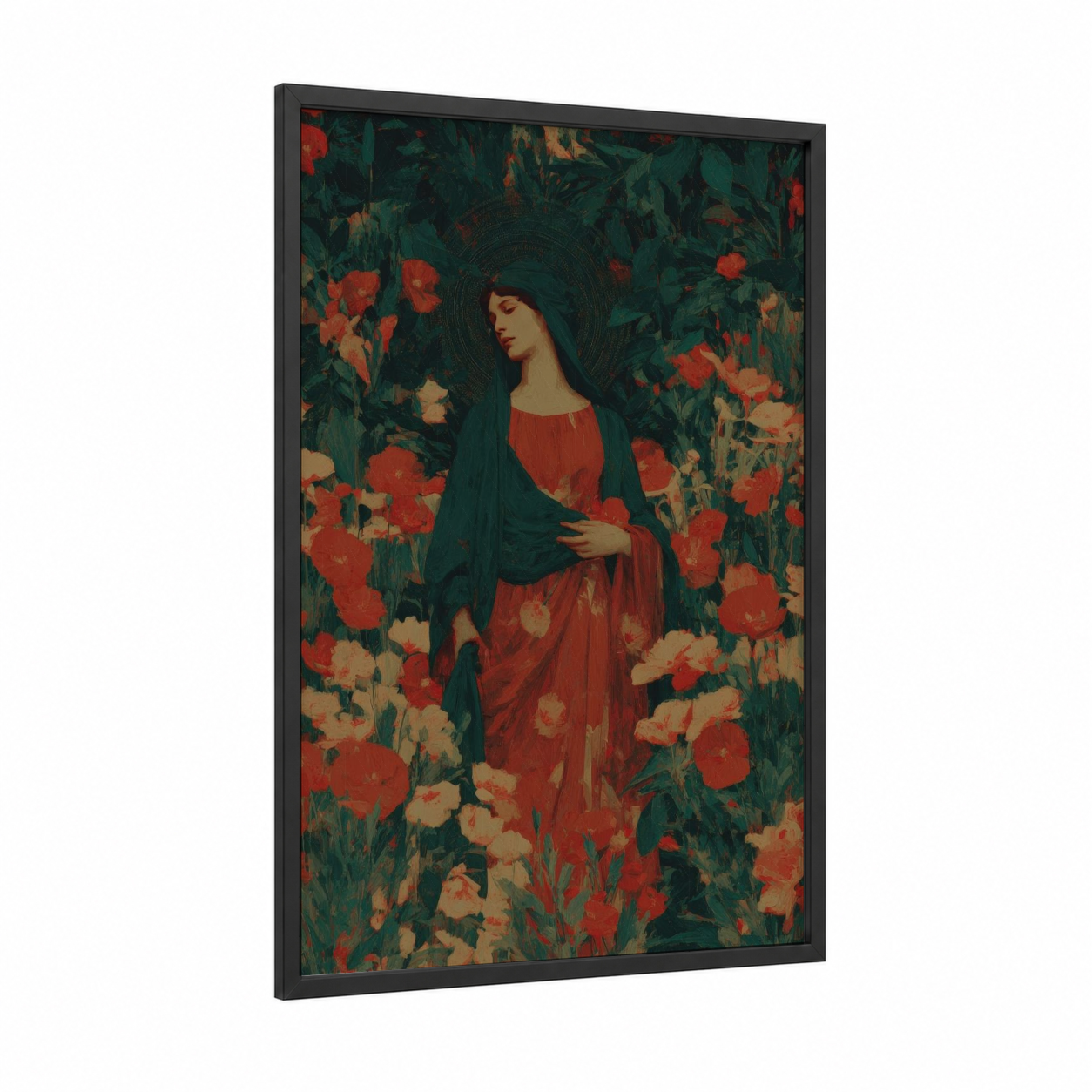 Magdalena Among Poppies framed mary magdalena print — black wood frame — red and dark green palette