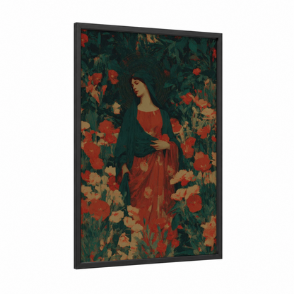 Magdalena Among Poppies framed mary magdalena print — black wood frame — red and dark green palette