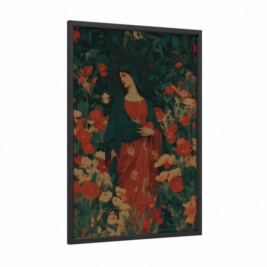 Magdalena Among Poppies framed mary magdalena print — black wood frame — red and dark green palette