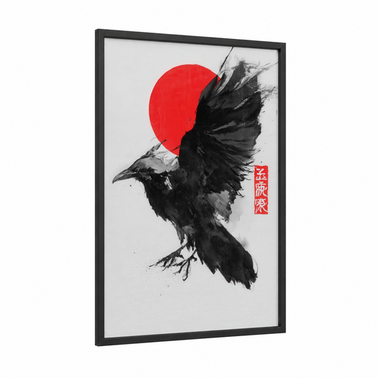 Rising Raven framed crows and ravens print — black wood frame — black and white and red palette