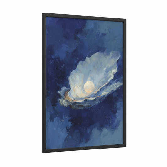 Moonlit Oyster framed art print — black wood frame — blue and white palette