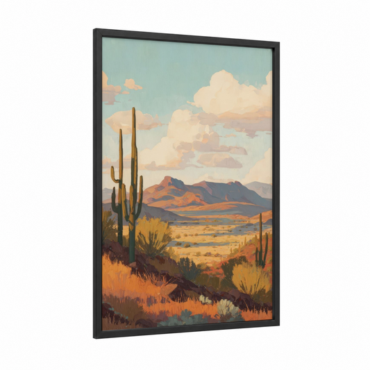 Desert Saguaro Landscape framed cactus print — black wood frame — gold and orange palette