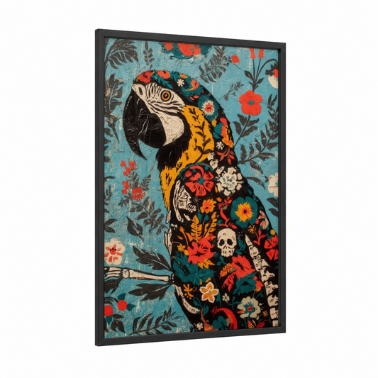 Floral Macaw framed art print — black wood frame — turquoise and red palette