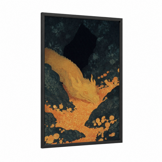 Golden Dragon Fairytale framed art print — black wood frame — gold and dark blue palette