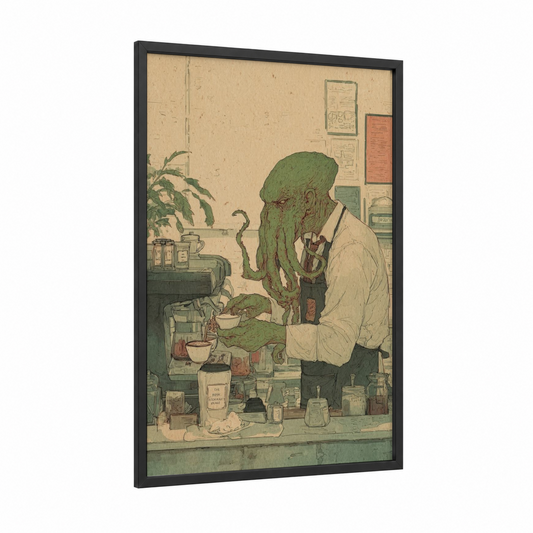 Cthulhu Scientist framed art print — black wood frame — dark green and beige palette