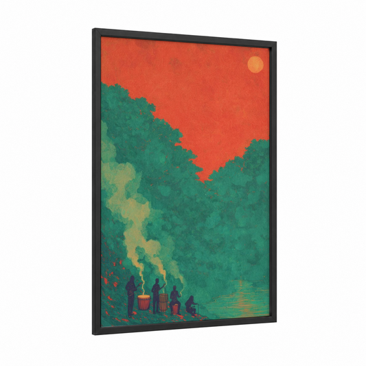 Campfire Reggae framed art print — black wood frame — orange and true green palette
