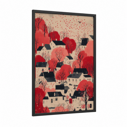 Love Village framed valentine's day print — black wood frame — red and cream palette