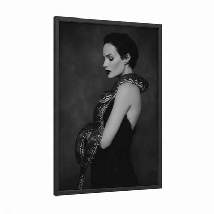 Serpent Elegance framed viper print — black wood frame — black and white palette