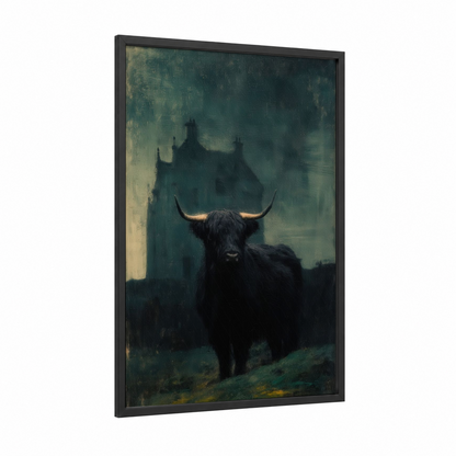 Moody Highland Cattle framed highland cow print — black wood frame — dove gray and dark green palette